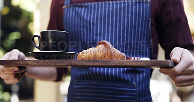 Buy stock photo Breakfast, hands and server outdoor at restaurant with hospitality, order or customer service. Coffee, croissant and male waiter with morning meal and drink for health, wellness or snack at cafe.