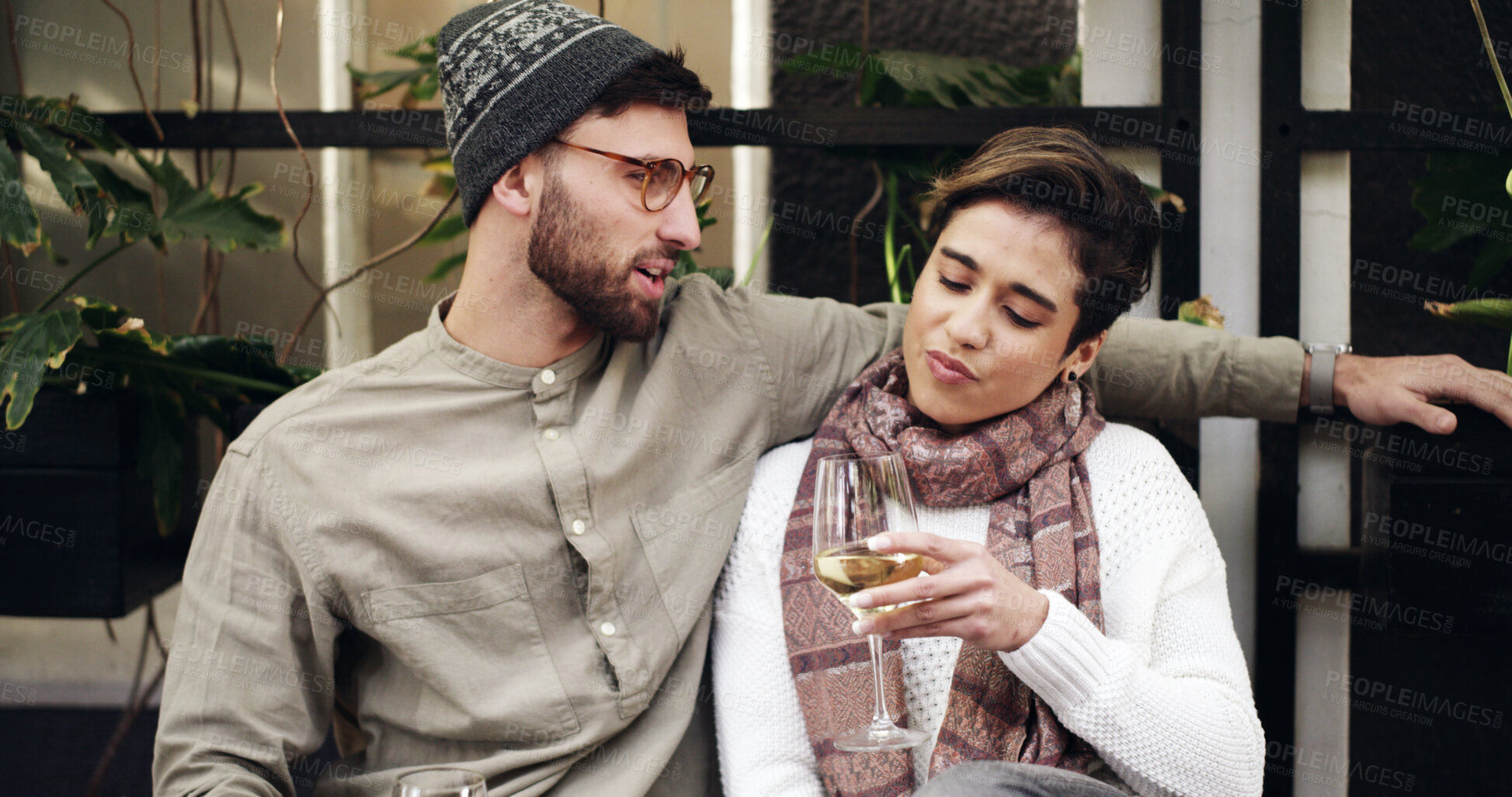 Buy stock photo Conversation, wine and couple outdoor at restaurant for date on holiday together with bonding and love. Smile, connection and man with woman for drinking alcohol beverage at cafe on vacation.