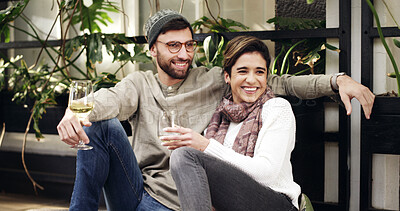 Buy stock photo Happy, wine and couple outdoor at cafe for date on holiday together with bonding and connection. Smile, conversation and man with woman for drinking alcohol beverage at restaurant on vacation.