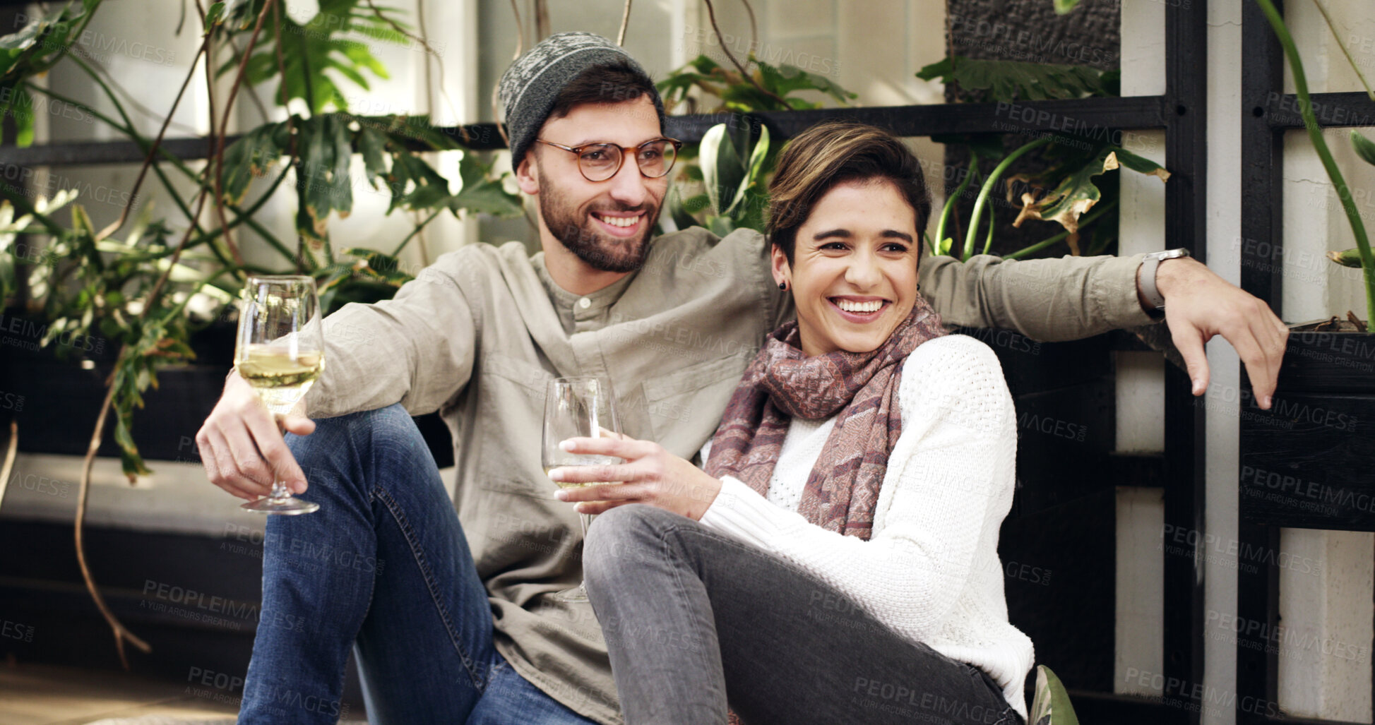 Buy stock photo Happy, wine and couple outdoor at cafe for date on holiday together with bonding and connection. Smile, conversation and man with woman for drinking alcohol beverage at restaurant on vacation.