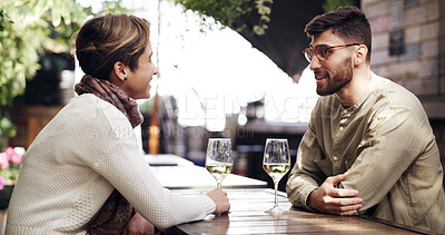 Buy stock photo Love, smile or couple in in restaurant with wine, connection or bonding together on anniversary. Happy, partner or people in bistro with alcohol, honeymoon or romantic date in healthy relationship.