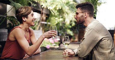 Buy stock photo Wine, couple and laugh at restaurant for date, smile and conversation with partner for love. Alcohol glass, man and woman with funny joke for connection together, romance and story for happiness