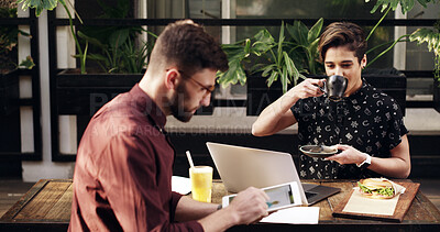 Buy stock photo Tech, meeting and business people with cafe, remote work or b2b networking for website. Discussion, freelance teamwork or coffee shop communication with review for conversation or project ideas