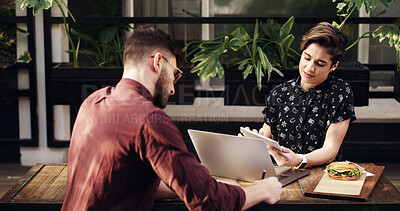 Buy stock photo Tablet, meeting and business people in restaurant, planning and remote work for brand proposal. Technology, laptop and collaboration with freelancer for idea, writing notes and review campaign