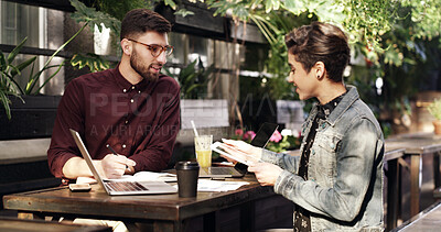 Buy stock photo Meeting, tablet and business people with idea, remote work or brand proposal in smoothie shop. Technology, discussion and team with freelancer, planning campaign and creative review with notes