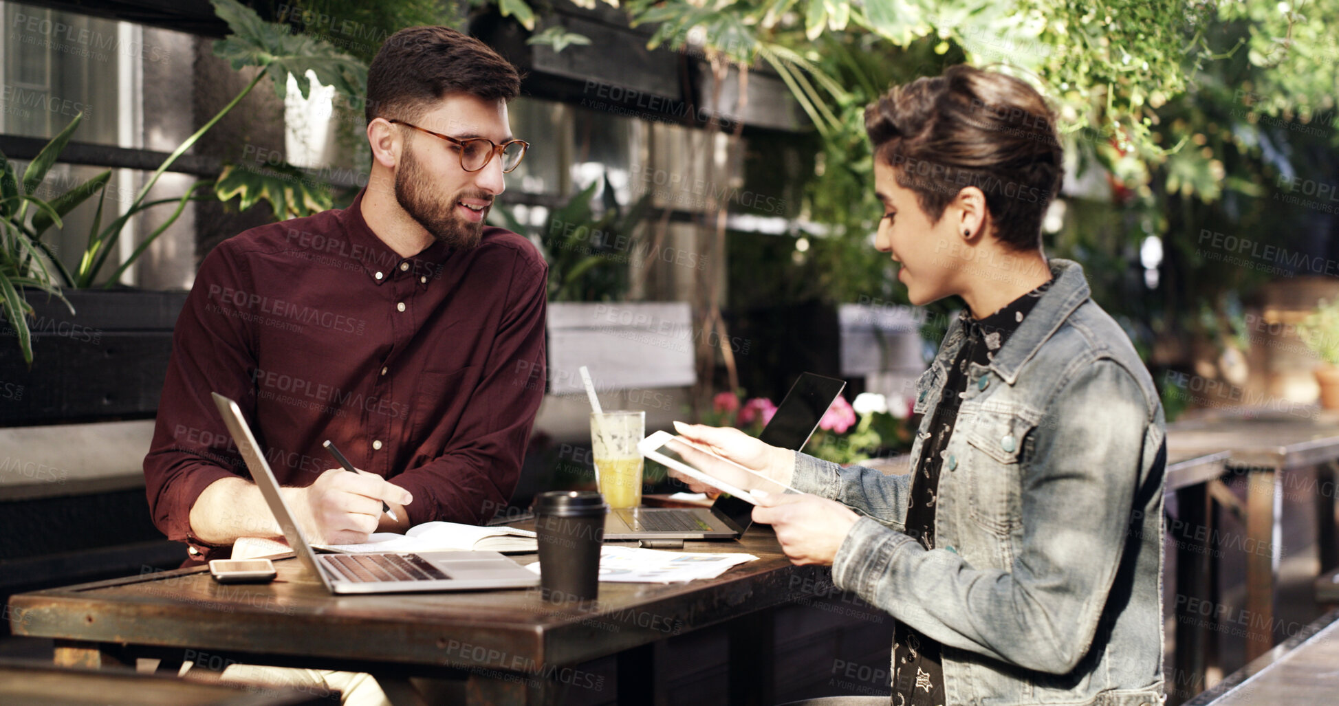 Buy stock photo Meeting, tablet and business people with idea, remote work or brand proposal in smoothie shop. Technology, discussion and team with freelancer, planning campaign and creative review with notes