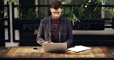 Buy stock photo Paperwork, laptop and businessman in office with research for finance project with report. Technology, documents and male financial manager with planning investment proposal on computer in workplace.