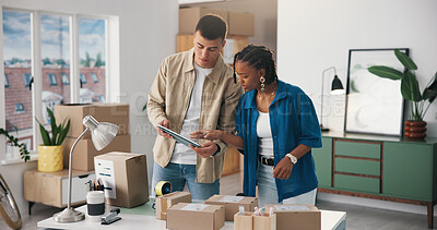 Buy stock photo Boxes, tablet and talking with people in logistics office for delivery or distribution tracking. App, small business and supply chain with ecommerce team at work for manageent of shipping schedule