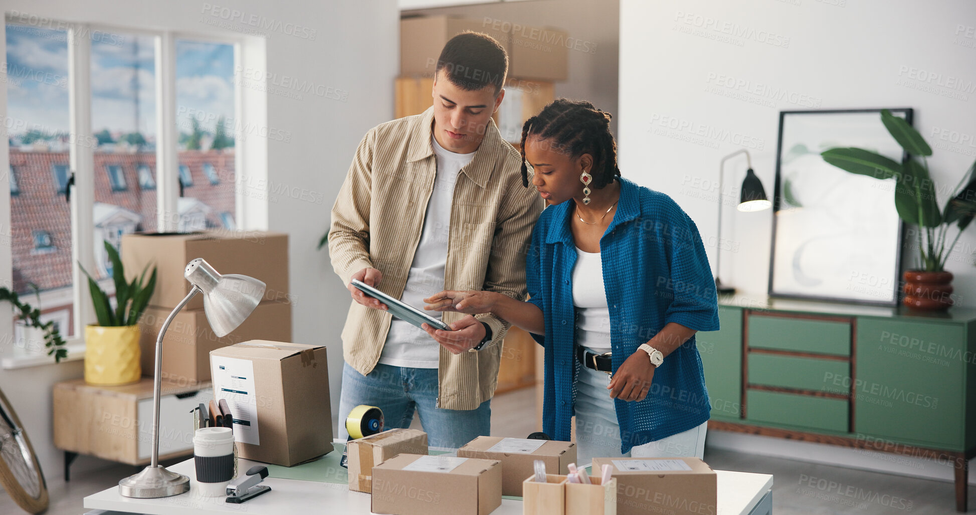 Buy stock photo Boxes, tablet and talking with people in logistics office for delivery or distribution tracking. App, small business and supply chain with ecommerce team at work for manageent of shipping schedule