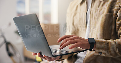 Buy stock photo Ecommerce, man and hands in small business with laptop, logistics email and report for distribution. Person, research and browse in office with computer, shipping website and update for online order.