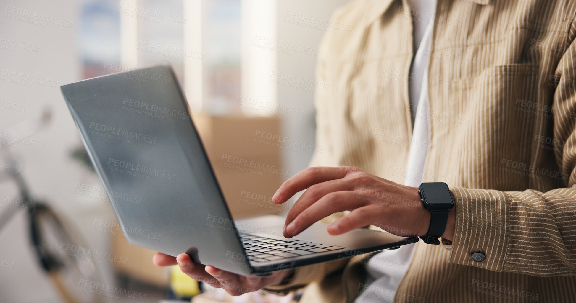Buy stock photo Ecommerce, man and hands in small business with laptop, logistics email and report for distribution. Person, research and browse in office with computer, shipping website and update for online order.