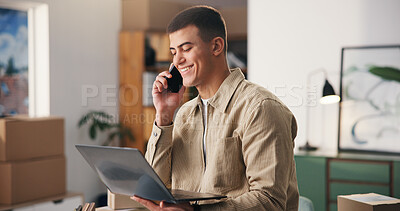 Buy stock photo Phone call, ecommerce or man in office with laptop, package track or conversation on shipping update. Logistics, smile or supplier with tech, stock or delivery checklist in cargo distribution.