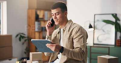 Buy stock photo Phone call, ecommerce or man in office with tablet, package track or conversation on shipping update. Logistics, communication or supplier with tech, stock or delivery checklist in cargo distribution