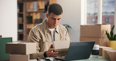 Buy stock photo Laptop, small business and man with box for inventory, ecommerce or track order in startup office. Computer, person and logistics entrepreneur with package to check stock, procurement and shipping
