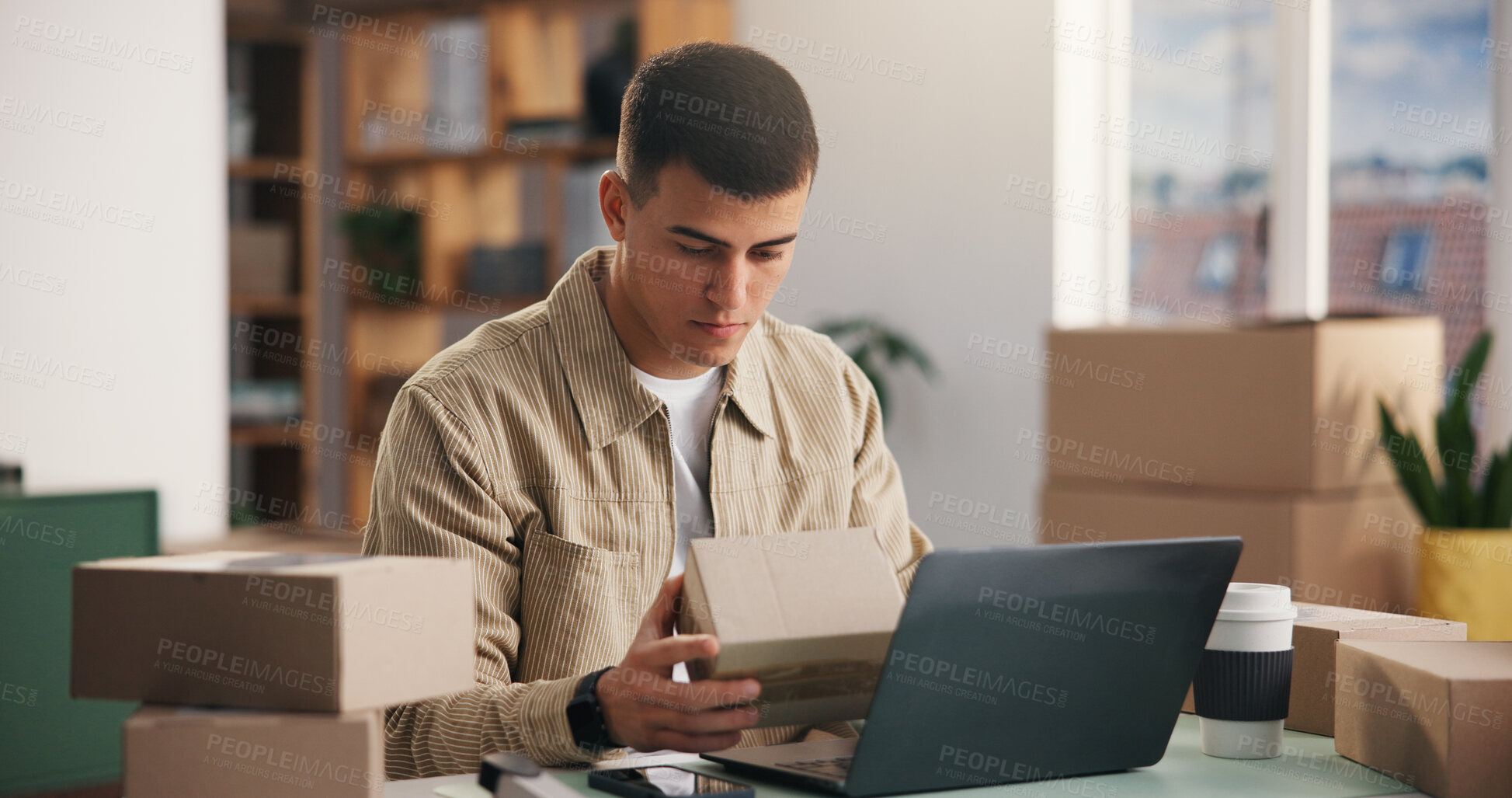 Buy stock photo Laptop, small business and man with box for inventory, ecommerce or track order in startup office. Computer, person and logistics entrepreneur with package to check stock, procurement and shipping