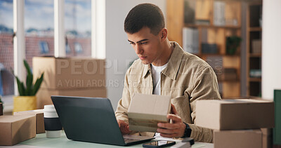 Buy stock photo Laptop, small business and man with box for shipping, inventory or track order in startup office. Computer, person and logistics entrepreneur with package to check stock, procurement and ecommerce