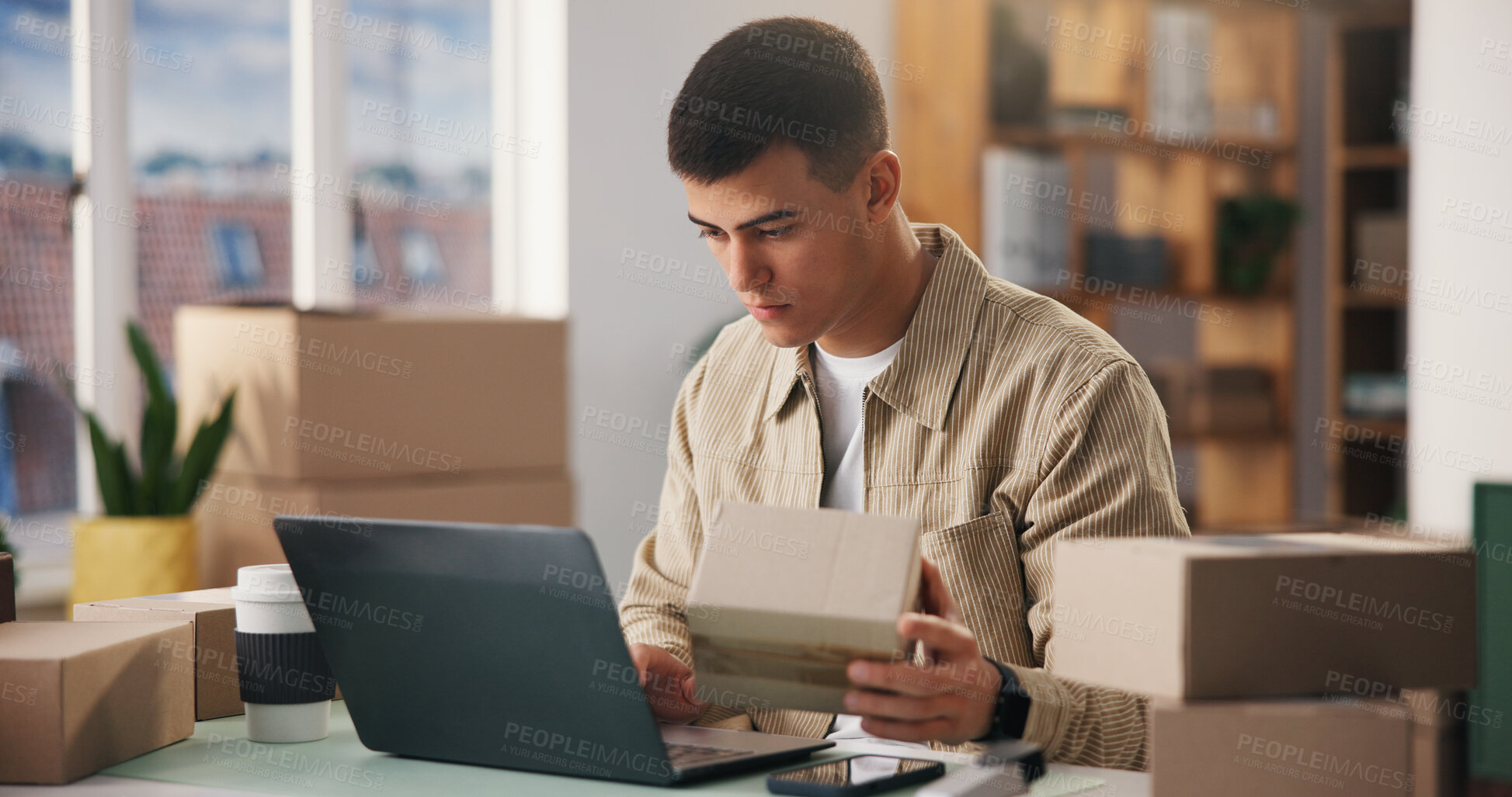 Buy stock photo Laptop, small business and man with box for shipping, inventory or track order in startup office. Computer, person and logistics entrepreneur with package to check stock, procurement and ecommerce