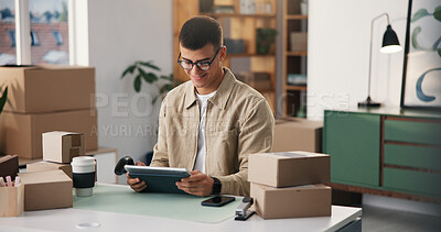 Buy stock photo Tablet, small business and man in office for ecommerce, email or track order with barcode scanner. Tech, person and logistics entrepreneur with smile for procurement, dropshipping or distribution