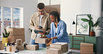 Scanner, boxes and business people in office, tablet and checklist for shipping schedule. Employees, cardboard and man with woman, startup company and teamwork for backlog, conversation and ecommerce