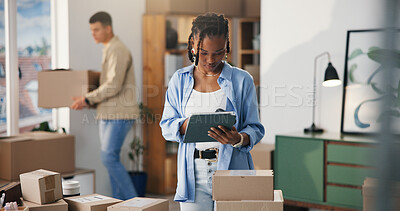 Buy stock photo Tablet, small business and woman in office for ecommerce, coworking or check stock in startup. Tech, person and logistics entrepreneur with procurement, dropshipping review and inventory update