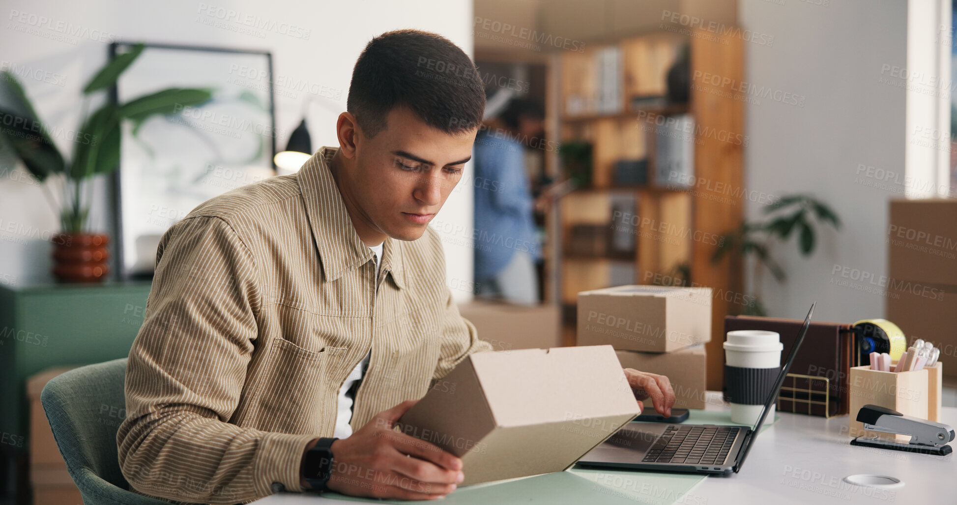 Buy stock photo Box, label and laptop with man in logistics office for distribution or online order tracking. Computer, ecommerce and supply chain with delivery employee at work for management of shipping schedule