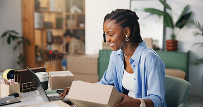 Buy stock photo Box, laptop and smile with black woman in logistics office for delivery or distribution tracking. Computer, ecommerce and supply chain with happy employee at work for management of shipping schedule