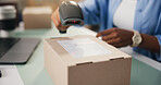 Person, hands and scanner with label on box for logistics, price check or RFID tracking in office. Distributor, cargo or package with barcode for inventory management, supply chain or stock control
