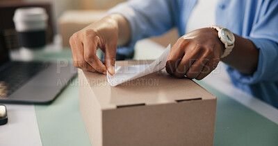 Buy stock photo Person, hands and label with box for logistics, supply chain or package address in office. Distributor, sticker and parcel with note or stock for delivery tracking, distribution or courier service