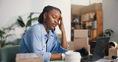 Buy stock photo Ecommerce, woman and headache in office with laptop, logistics stress and bad review for distribution. Tired, black person and migraine in workplace with computer, courier delay and supplier backlog.