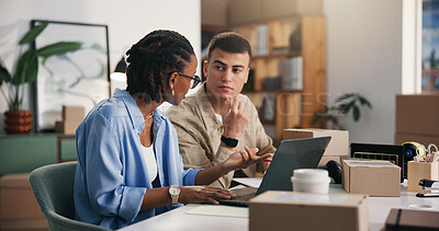 Buy stock photo Boxes, laptop and talking with people in logistics office together for delivery of online order. Collaboration, computer and distribution with serious supply chain team at work for shipment tracking