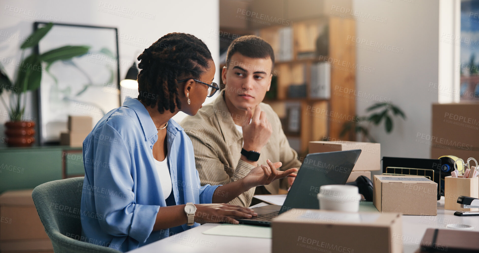 Buy stock photo Boxes, laptop and talking with people in logistics office together for delivery of online order. Collaboration, computer and distribution with serious supply chain team at work for shipment tracking