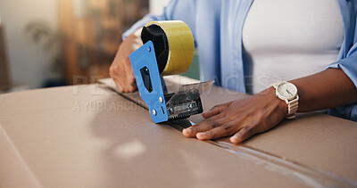Buy stock photo Person, hands and tape with box for logistics, supply chain or package with seal for delivery. Distributor, cargo or packing with binding strip for freight safety, secure shipping or courier service