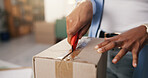 Hands, person and knife with box at house for unboxing, package delivery and ecommerce order. Closeup, customer or blade with cardboard, online shopping and open parcel for courier of retail purchase