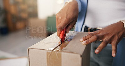 Buy stock photo Hands, person and knife with box at house for unboxing, package delivery and ecommerce order. Closeup, customer or blade with cardboard, online shopping and open parcel for courier of retail purchase