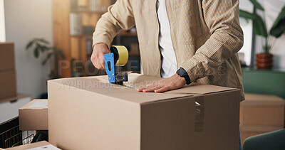 Buy stock photo Person, hands and shipping with box for logistics, courier service or tape in small business. Distributor, supplier or cargo with seal for delivery order, safety or security of merchandise in home