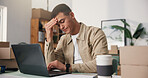 Ecommerce, man and headache in office with laptop, logistics stress and bad review for distribution. Exhausted, person and migraine in workplace with computer, shipping delay or supply chain backlog.