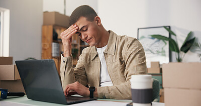 Buy stock photo Ecommerce, man and headache in office with laptop, logistics stress and bad review for distribution. Exhausted, person and migraine in workplace with computer, shipping delay or supply chain backlog.