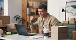 Happy man, laptop and winning with fist pump or boxes for logistics or small business success. Excited, male person or smile with computer, cargo or packages for good news, online purchase or order