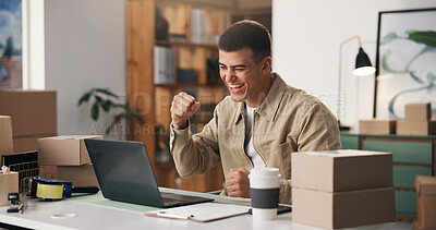 Buy stock photo Happy man, laptop and winning with fist pump or boxes for logistics or small business success. Excited, male person or smile with computer, cargo or packages for good news, online purchase or order