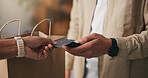 Credit card, hands and payment with pos machine for shopping, cashless transaction and fintech. Debit, people or financial purchase in store with cashier for sale, retail discount or customer service