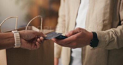 Buy stock photo Credit card, hands and payment with pos machine for shopping, cashless transaction and fintech. Debit, people or financial purchase in store with cashier for sale, retail discount or customer service