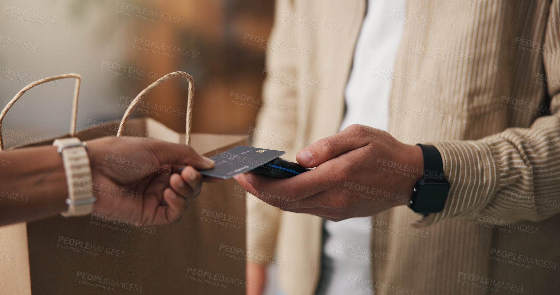Buy stock photo Credit card, hands and payment with pos machine for shopping, cashless transaction and fintech. Debit, people or financial purchase in store with cashier for sale, retail discount or customer service