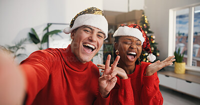 Buy stock photo Christmas, peace sign or face of staff with selfie in logistics for festive party, memory or status. Shipping, people or excited with photo for startup xmas event, social media post or holiday season