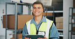 Portrait, tablet or man with smile for logistics, confidence or warehouse management in dropshipping. Startup, ecommerce or person with pride for stock distribution, supply chain supervision or tech