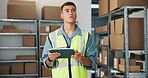 Logistics, check or man in warehouse with tablet, stock control or inventory management for shipping. Digital, boxes or distributor in depot with tech, trade or export checklist in supply chain.