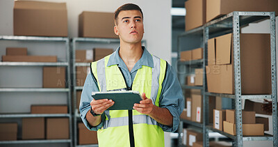 Buy stock photo Logistics, check or man in warehouse with tablet, stock control or inventory management for shipping. Digital, boxes or distributor in depot with tech, trade or export checklist in supply chain.