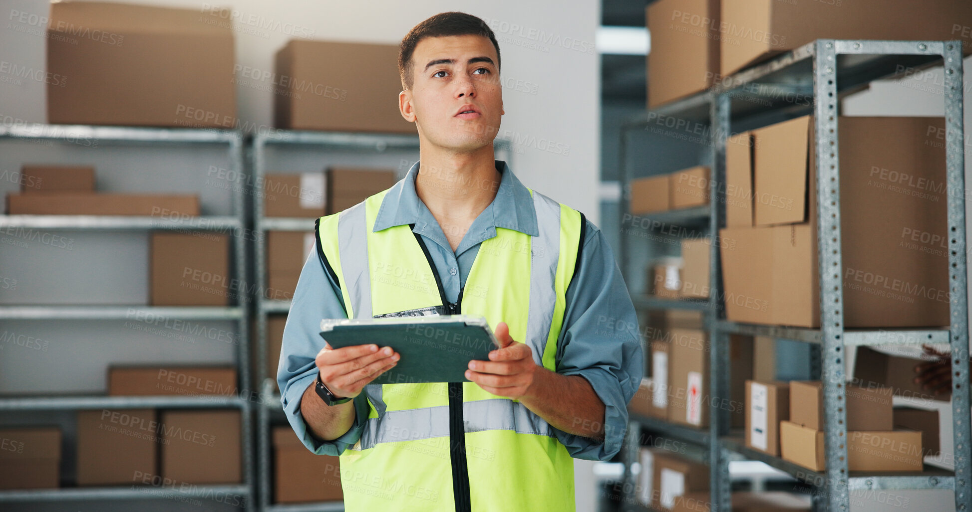 Buy stock photo Logistics, check or man in warehouse with tablet, stock control or inventory management for shipping. Digital, boxes or distributor in depot with tech, trade or export checklist in supply chain.