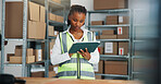 Logistics, reading or woman with tablet in warehouse, distributor schedule or stock shipment notification. Inventory management, tech or African worker with supplier email, supply chain or timetable
