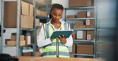 Buy stock photo Logistics, reading or woman with tablet in warehouse, distributor schedule or stock shipment notification. Inventory management, tech or African worker with supplier email, supply chain or timetable