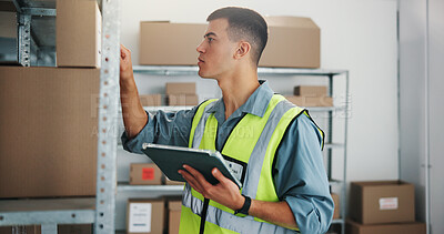 Buy stock photo Inspection, box or man with tablet in warehouse, dispatch process or inventory management for startup. Tech, dropshipping or worker reading parcel label for freight info, supply chain or check stock